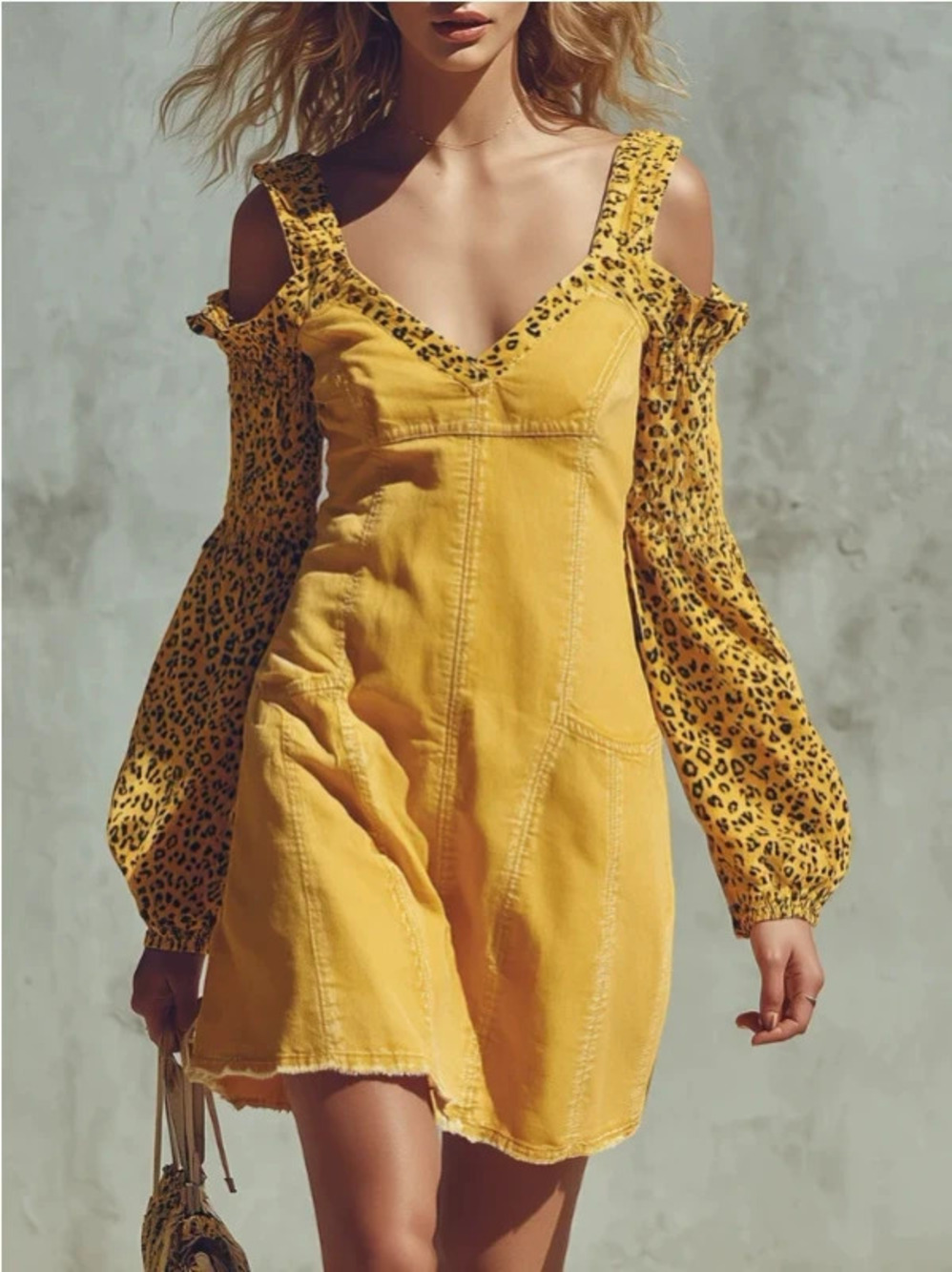 H&M Retro Off Shoulder Patchwork Leopard Print Denim Mini Skirt